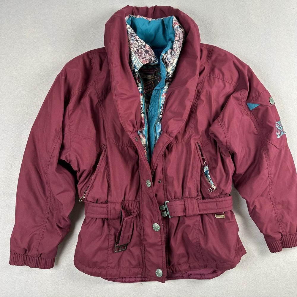 Vintage Skiing Passport Burgundy Boho Embroidered Belted Ski Jacket Womens L